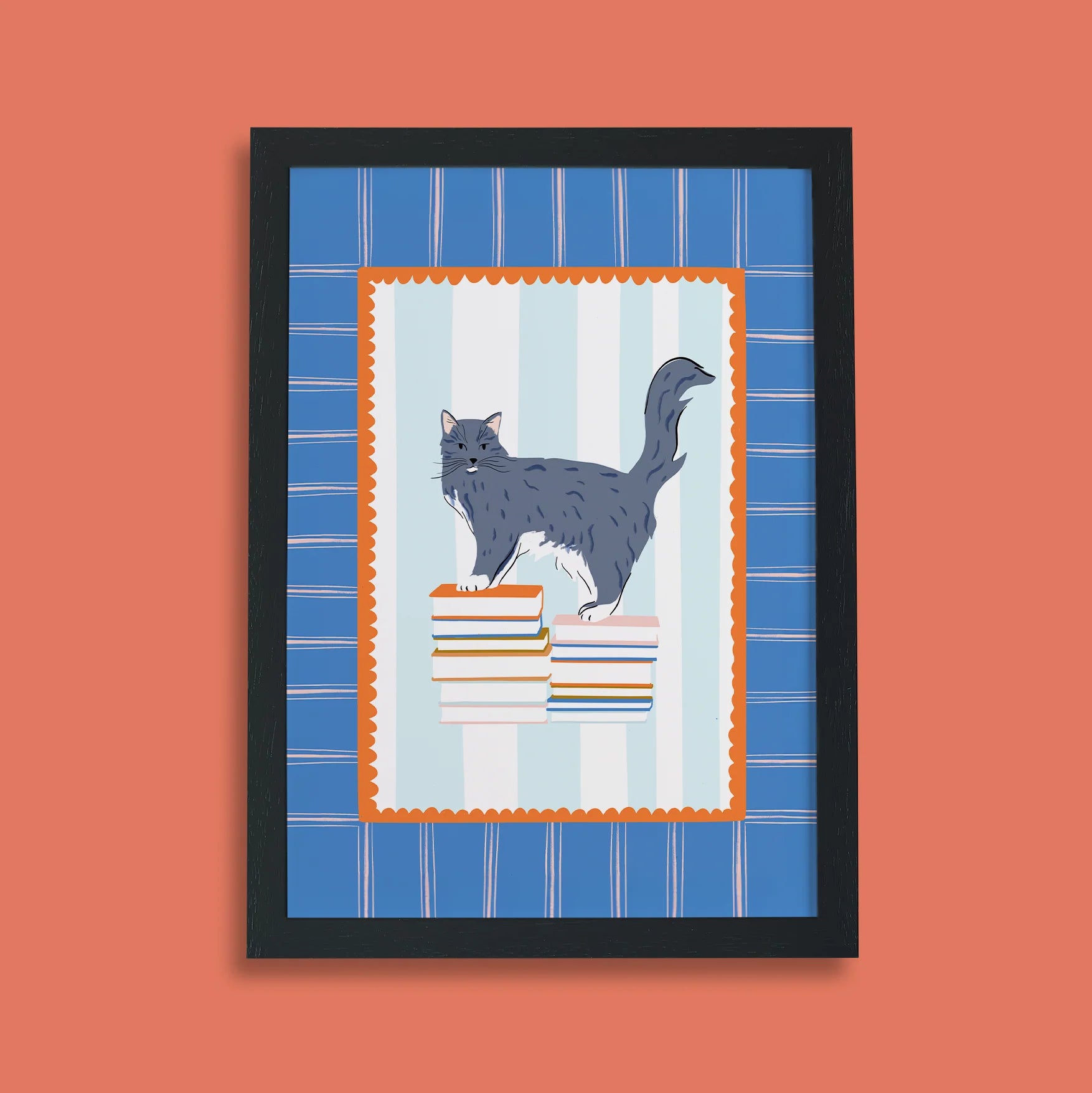 Books and Cats Print - Grey Tuxedo Long Hair