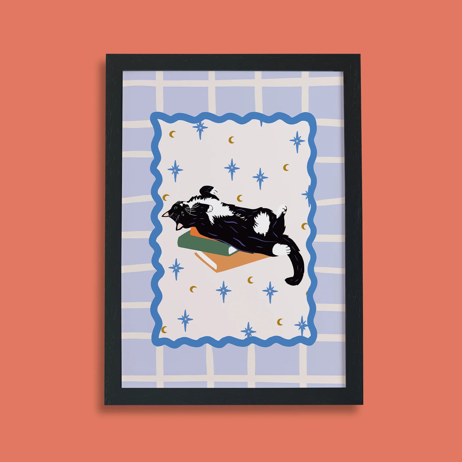 Books and Cats Print - Black and White Tuxedo Short Hair Cat