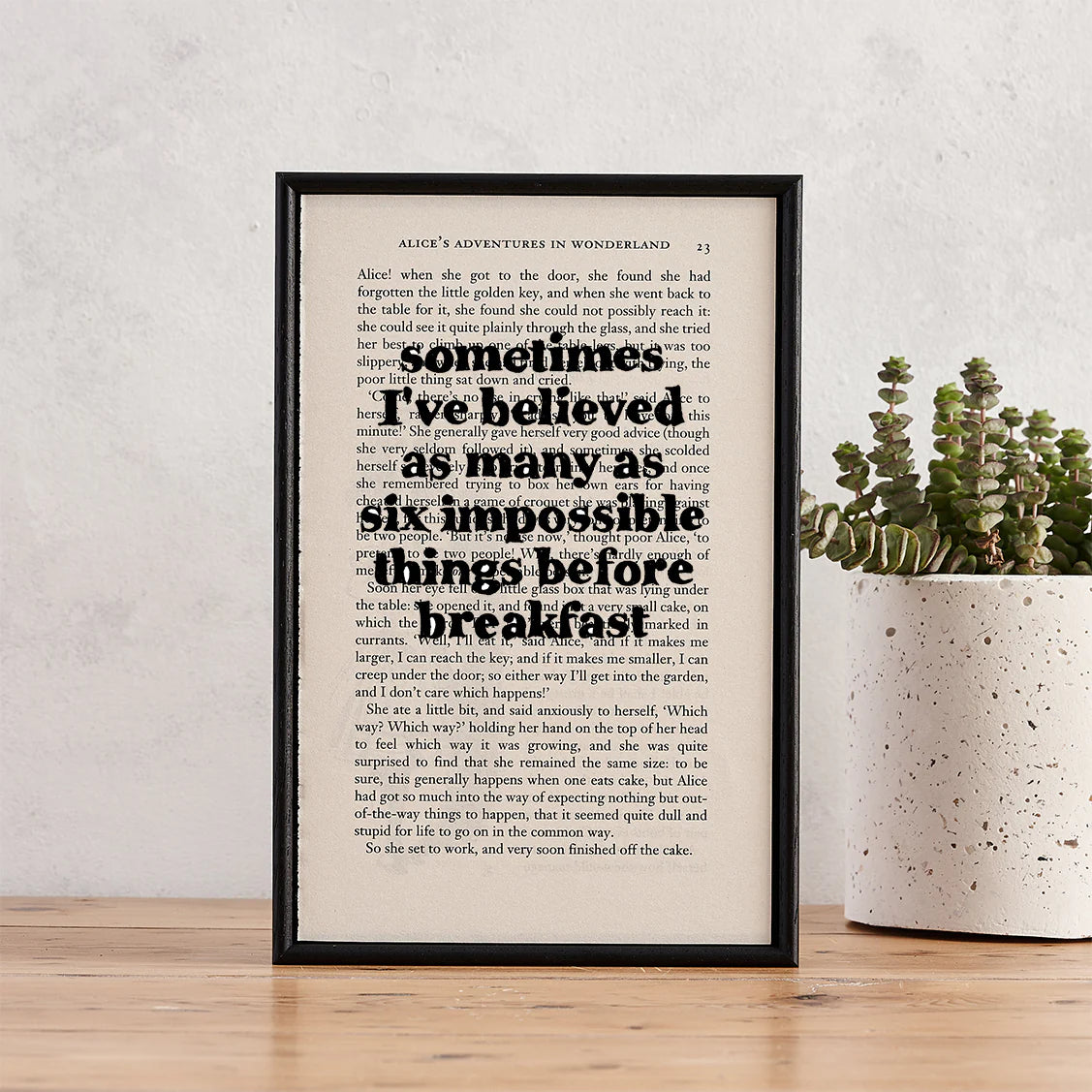 Alice in Wonderland "Six Impossible Things Before Breakfast" Quote - Framed Book Page Print