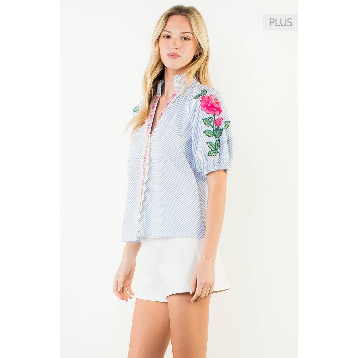 /Size Xl/ Puff Sleeve Striped Embroidery Detail Top Unisex T-shirt, Sweatshirt, Hoodie, Long Sleeve Tee