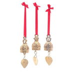 Set of 3 Brass Bell Ornaments with Elephants and Red Ribbons 'Elephant Chant'