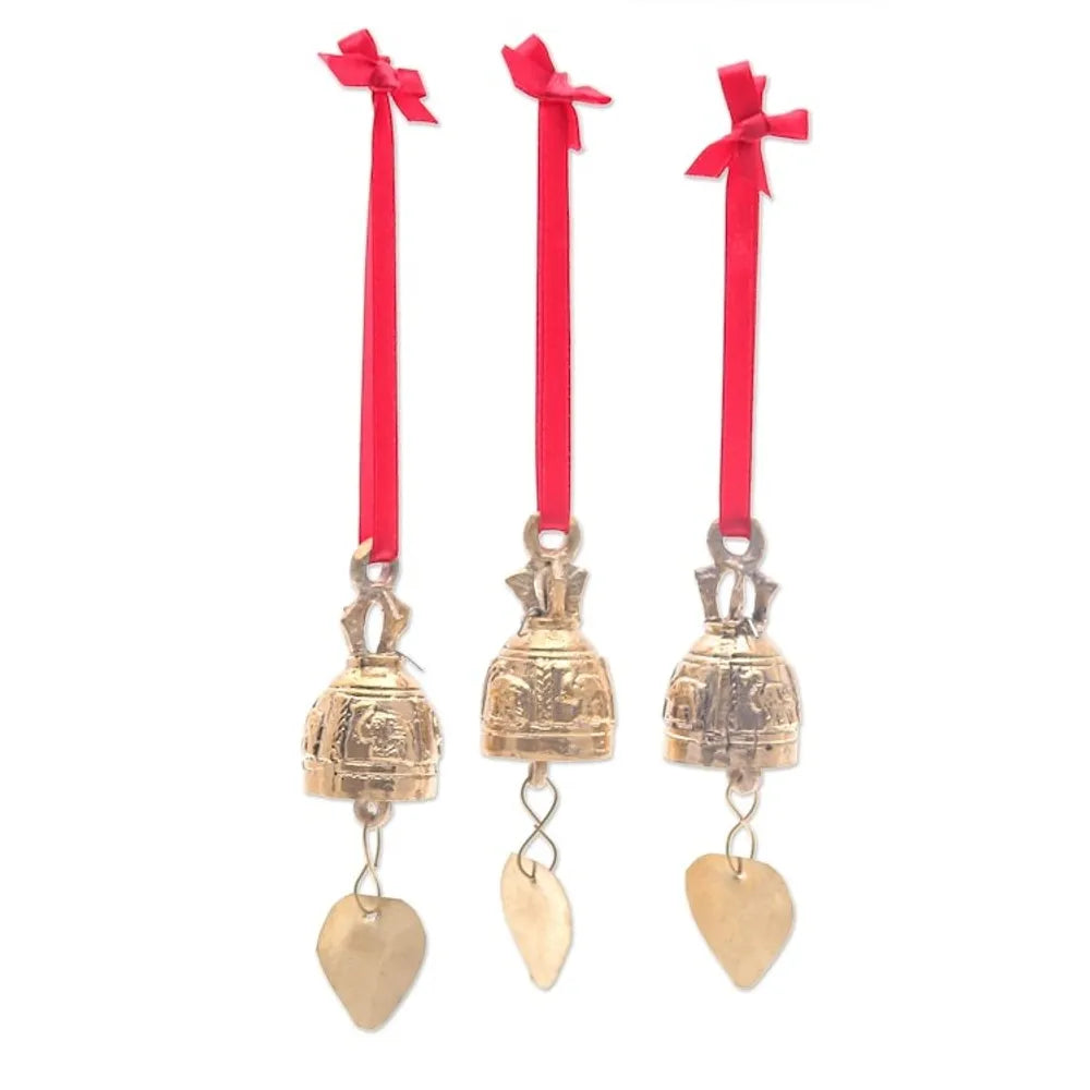 Set of 3 Brass Bell Ornaments with Elephants and Red Ribbons 'Elephant Chant'