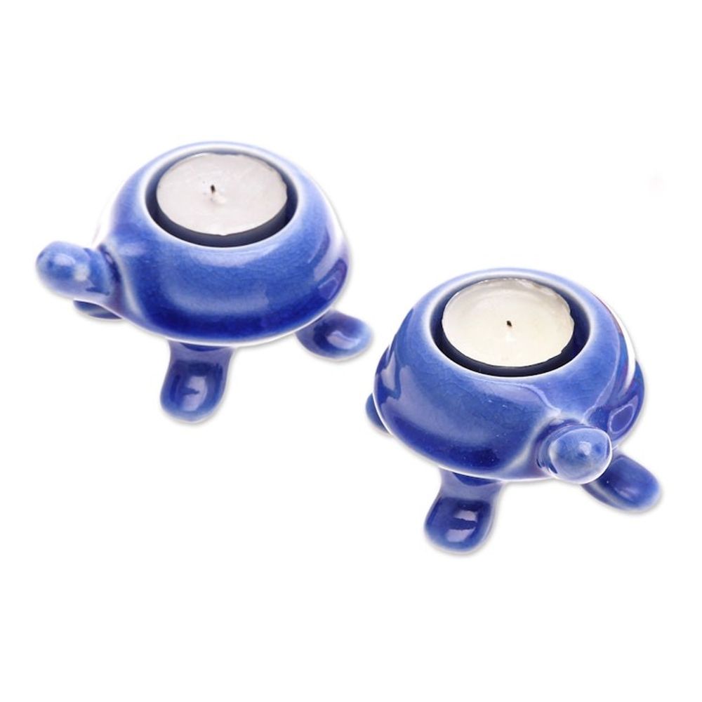 Handmade Turtle Ceramic Candleholders in a Blue Hue Pair 'Blue Guide'