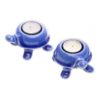 Handmade Turtle Ceramic Candleholders in a Blue Hue Pair 'Blue Guide'