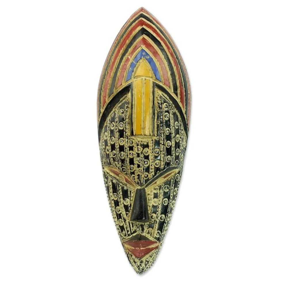Hand Carved Multicolor Sese Wood Wall Mask from Ghana 'Crown of Joyfulness'