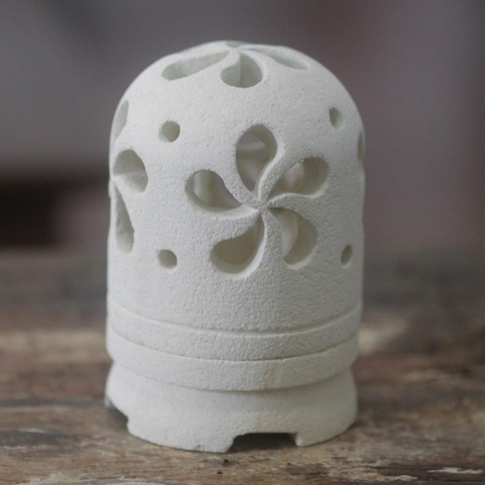 Balinese Carved Floral Limestone Tealight Holder Sculpture 'Jasmine Glow'