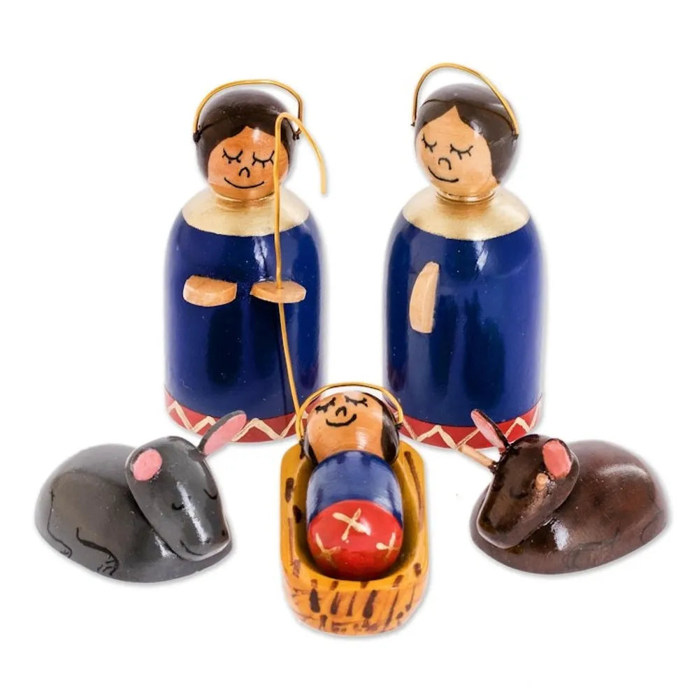 6 Piece Artisan Crafted Wood Nativity Scene in Royal Blue 'Holy Family in Royal Blue'
