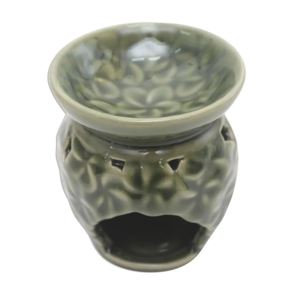Frangipani Motif Green Ceramic Oil Warmer 'Jepun Flowers'