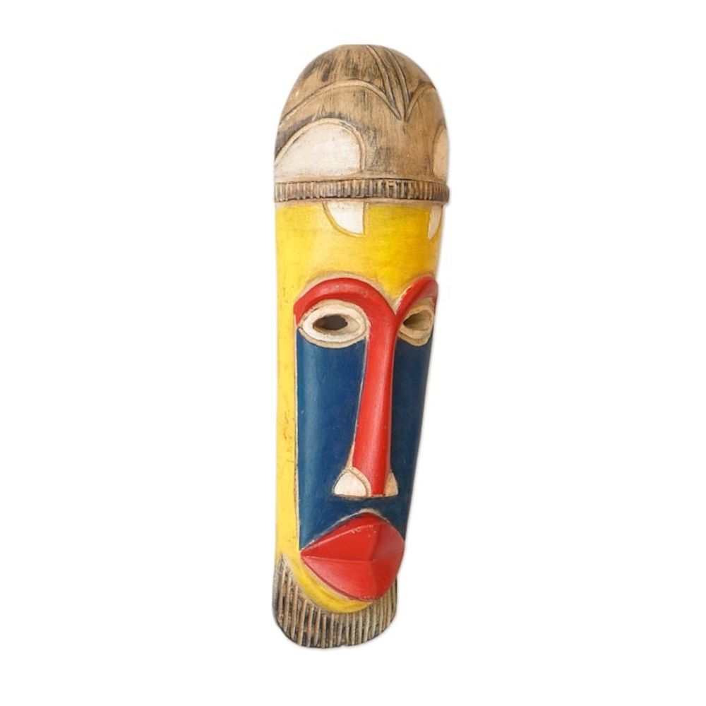 Handcrafted Blue, Red and Yellow African Sese Wood Mask 'Sankori'