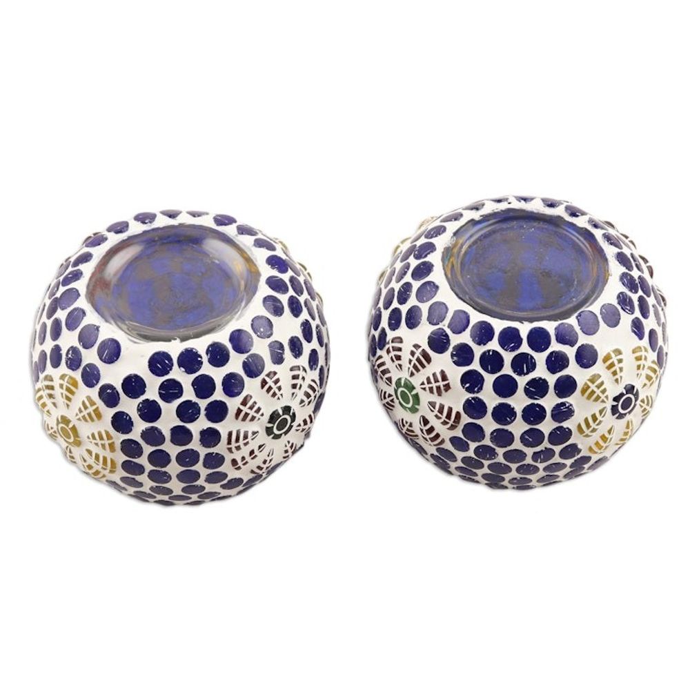 Blue Glass Mosaic Tealight Candleholders Pair 'Royal Light'