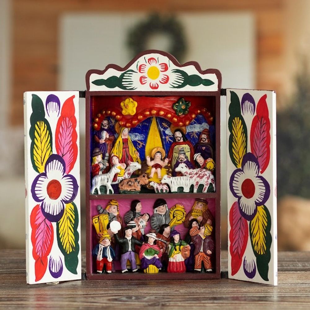 Collectible Peruvian Wood Multicolor Retablo Sculpture 'Chapel of Quinua'