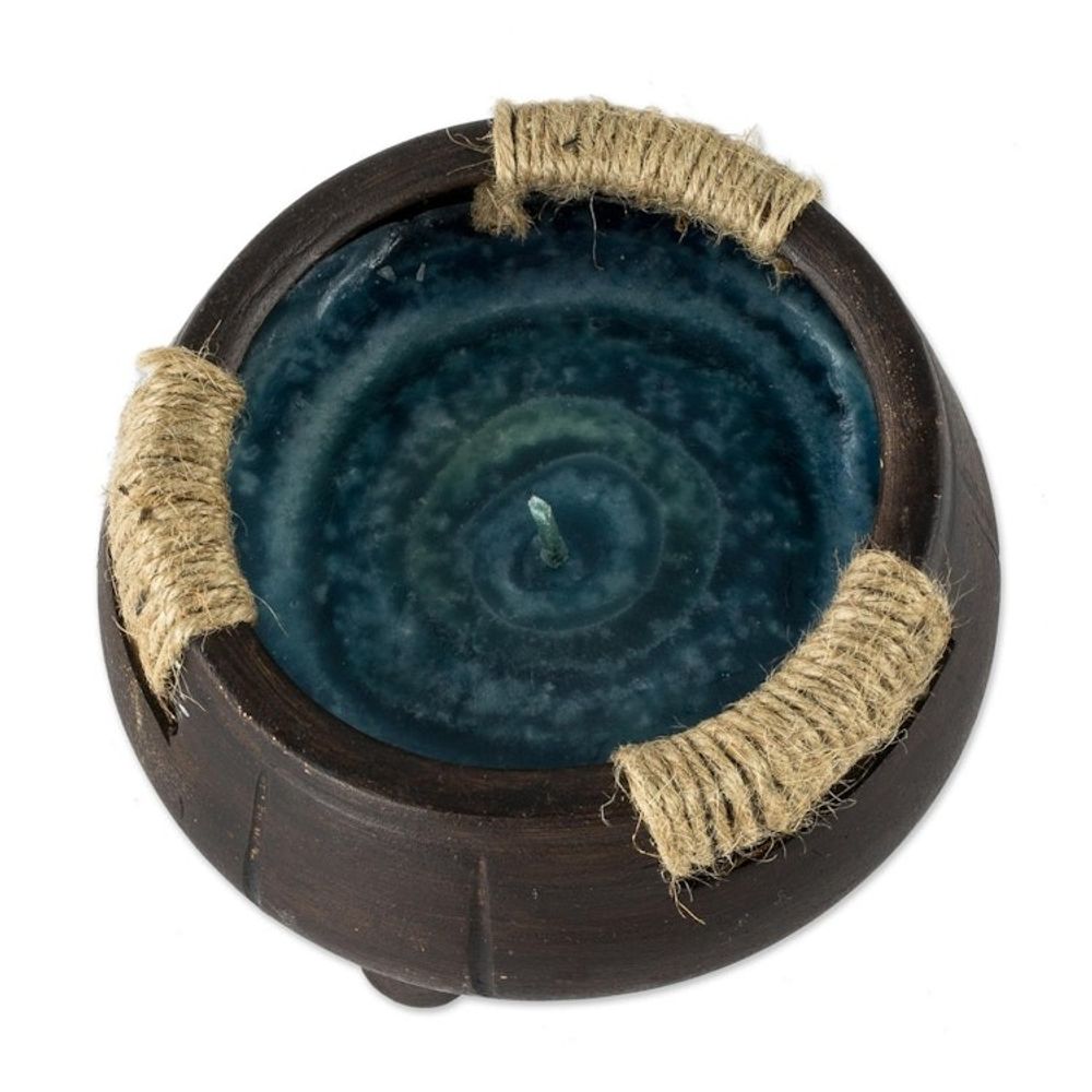 Hand Crafted Brown Ceramic Filled Jar Candle 'Turquoise Sea'