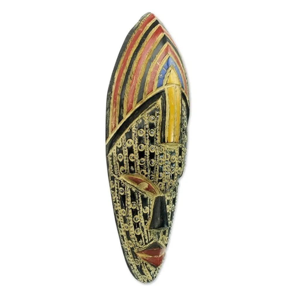 Hand Carved Multicolor Sese Wood Wall Mask from Ghana 'Crown of Joyfulness'