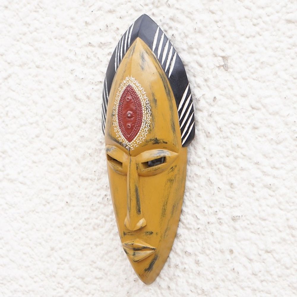 Handcrafted Yellow Sese Wood Mask with Aluminum Accents 'Yellow Beauty'