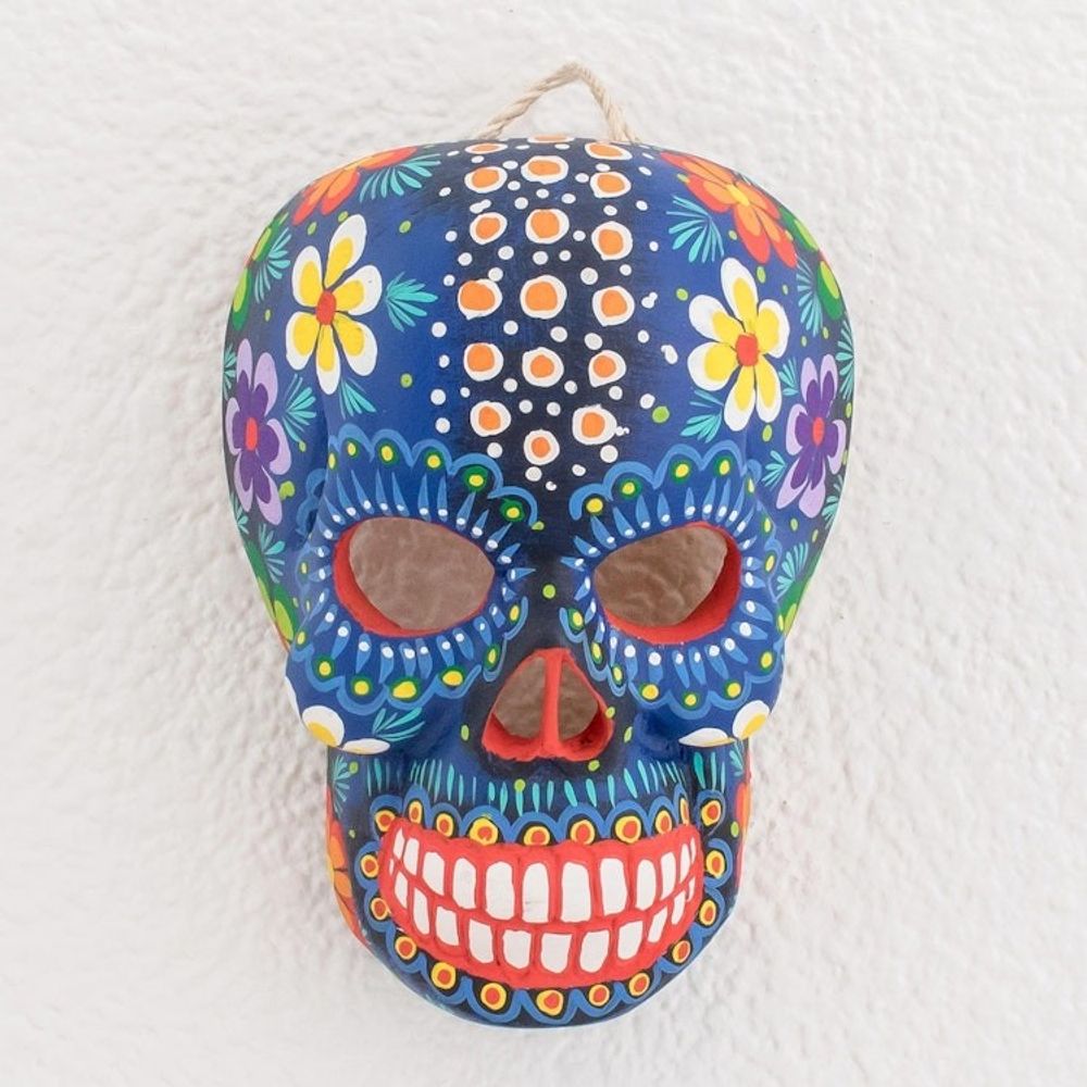Hand-Painted Blue Floral Wood Skull Mask from Guatemala 'Life and Happiness'
