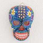 Hand-Painted Blue Floral Wood Skull Mask from Guatemala 'Life and Happiness'