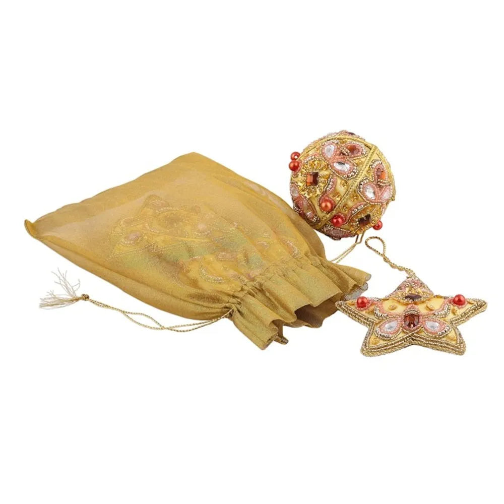Red and Gold Embellished Satin Ornaments Set of 4 'Lavish Holiday'