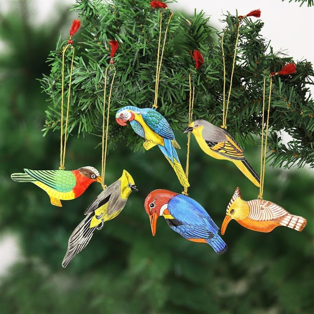 Hand-Painted Assorted Bird Ornaments Set of 6 'Festive Birds'