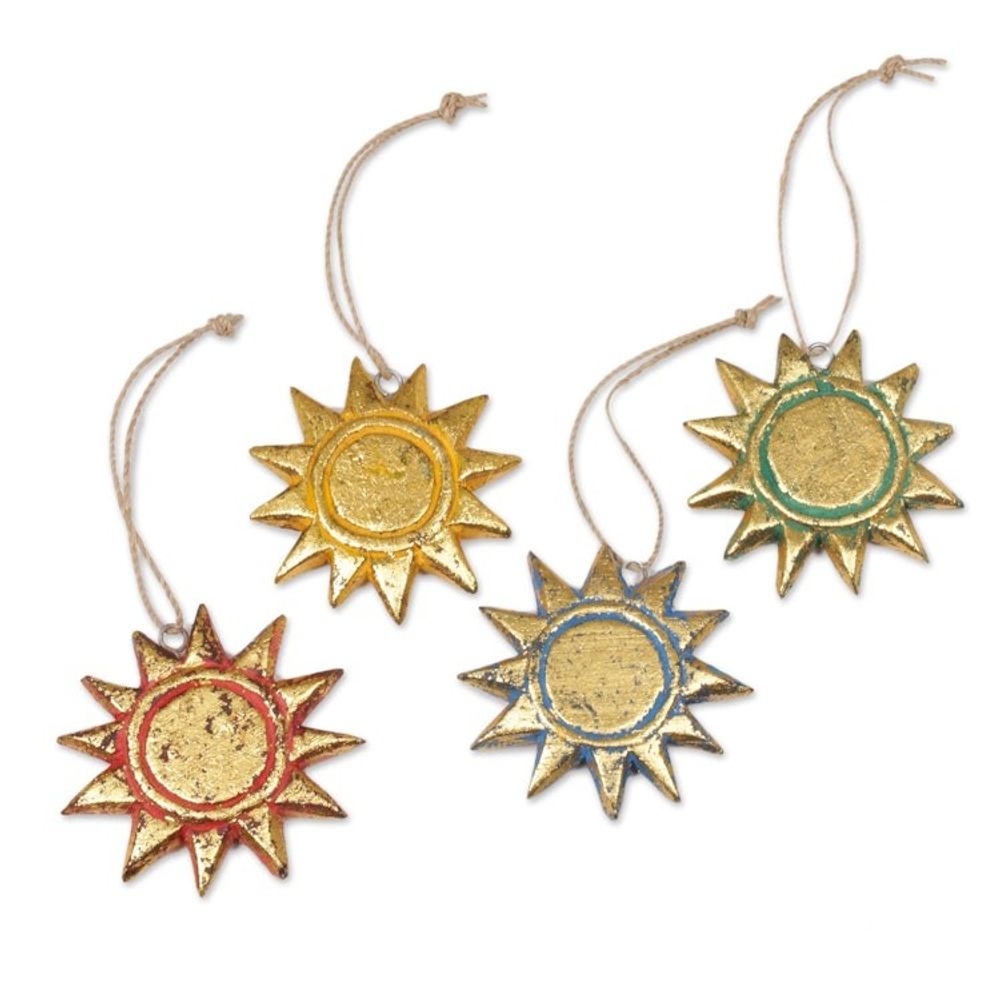 Four Gold Tone Albesia Wood Sun Ornaments from Bali 'Sunny Holiday'