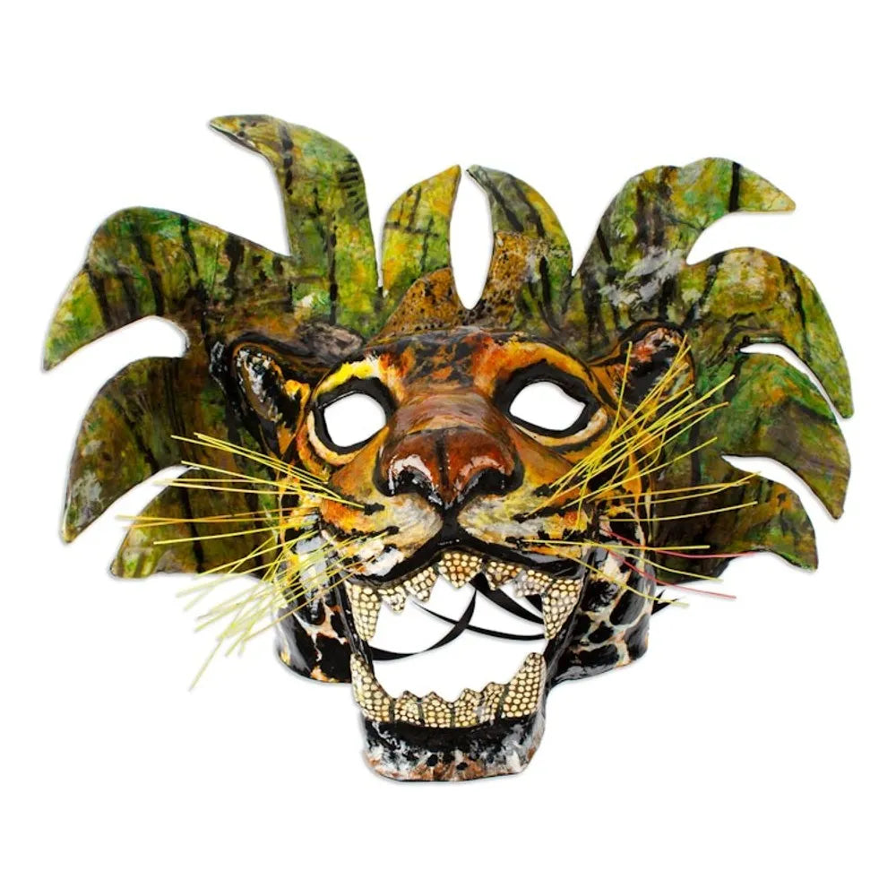 Hand-Painted Lacquered Mexican Jaguar Papier Mache Mask 'Green Jaguar'