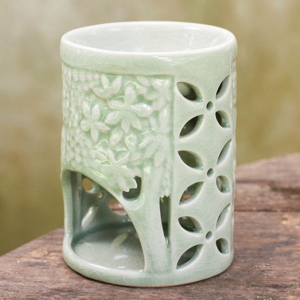 Hand Crafted Ceramic Clay Oil Warmer Thai Green Elephants 'Happy Forest'