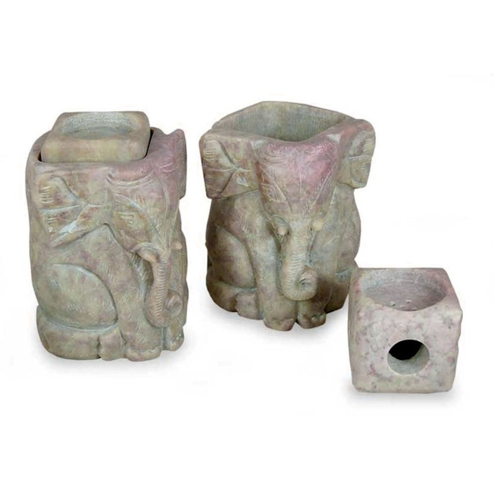 Natural Soapstone Hand Carved Candle Holders Pair 'Baby Elephants'