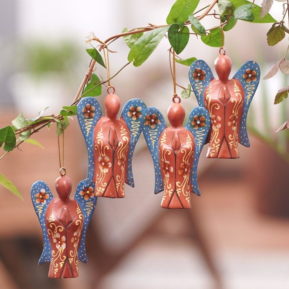 Set of 4 Crocodile Wood Hand-Painted Angel Ornaments 'Festive Heaven'