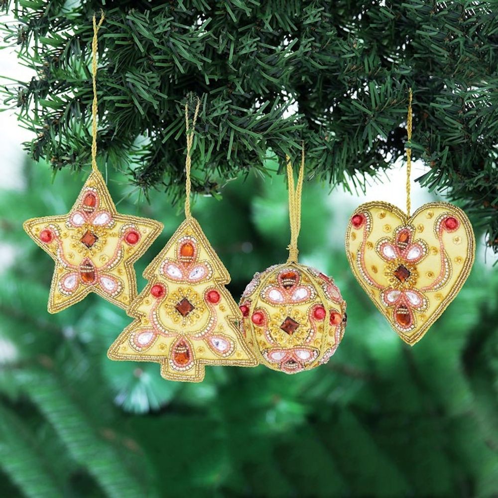 Red and Gold Embellished Satin Ornaments Set of 4 'Lavish Holiday'