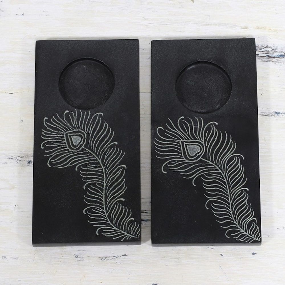 Pair of Handcrafted Soapstone Tealight Holders from India 'Peacock Flame''