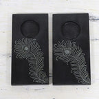 Pair of Handcrafted Soapstone Tealight Holders from India 'Peacock Flame''