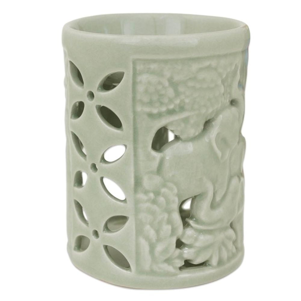 Hand Crafted Ceramic Clay Oil Warmer Thai Green Elephants 'Happy Forest'