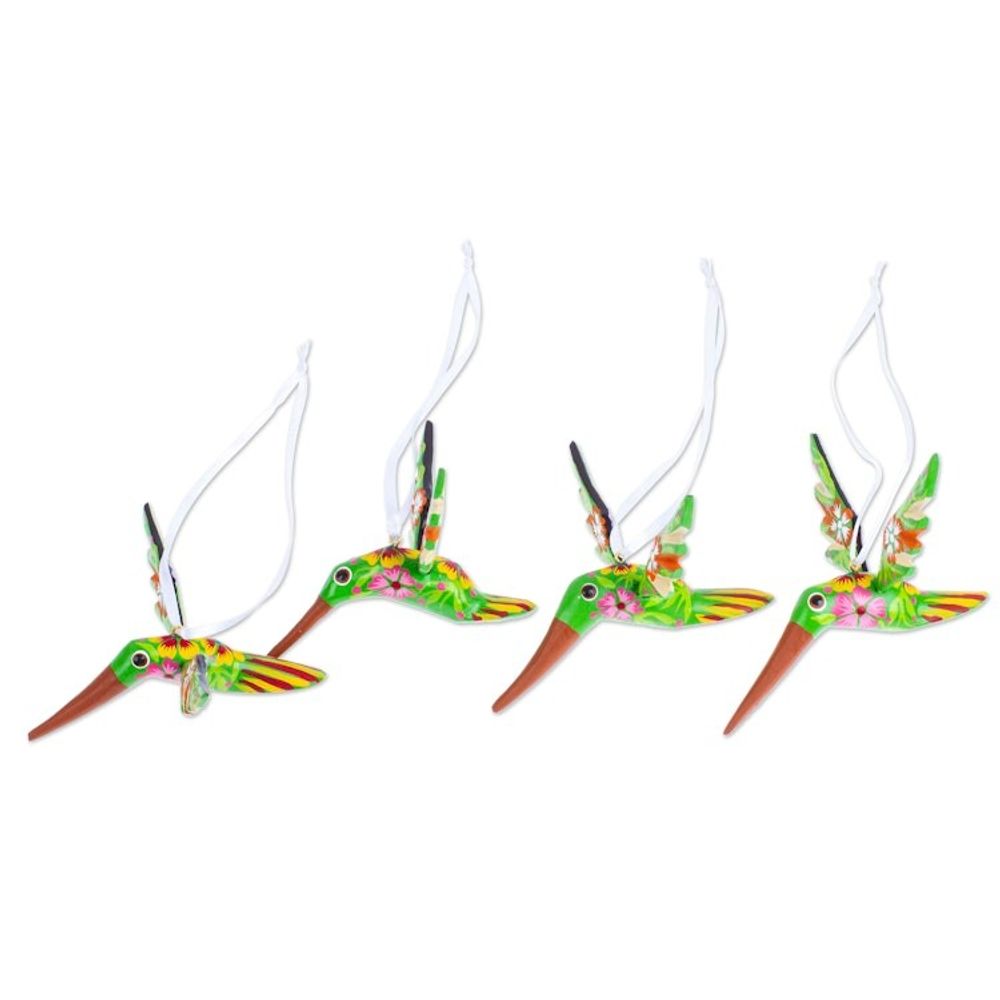 Set of 4 Handcrafted Copal Wood Bird Ornaments in Kiwi 'Kiwi Flutter'