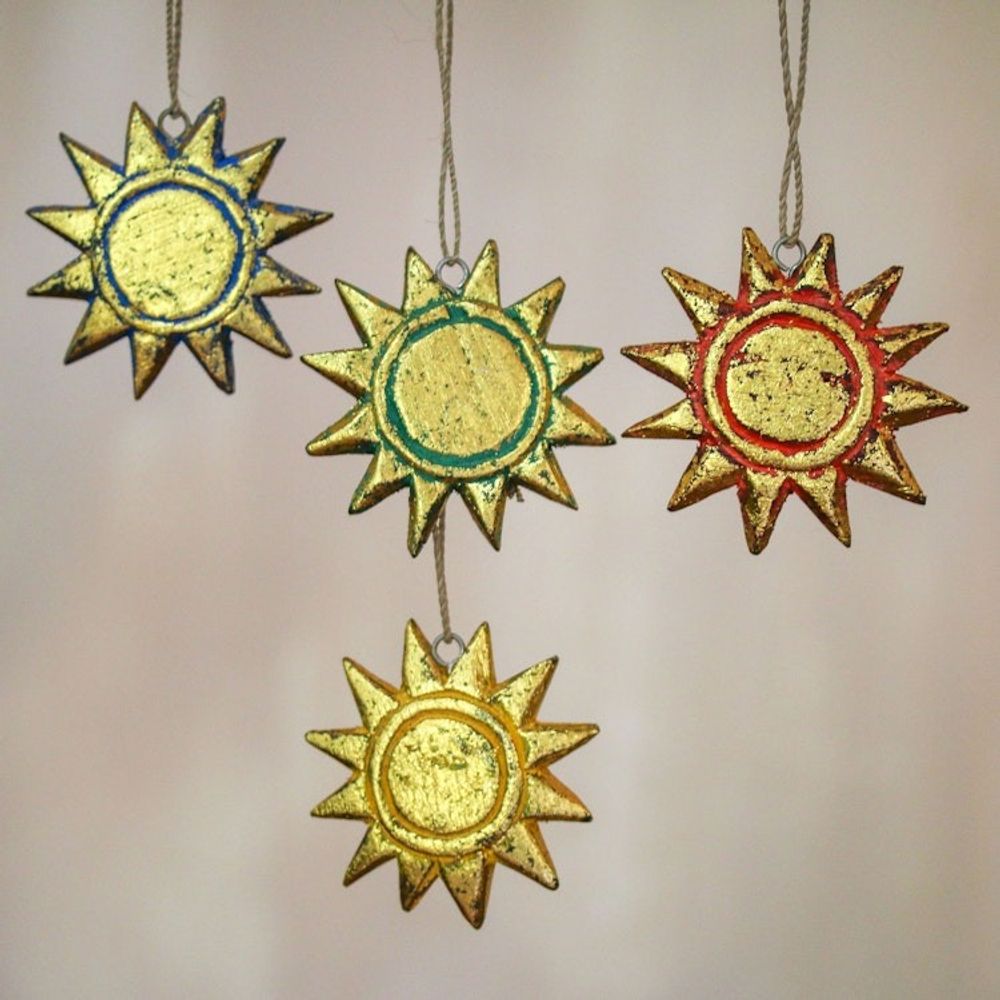 Four Gold Tone Albesia Wood Sun Ornaments from Bali 'Sunny Holiday'