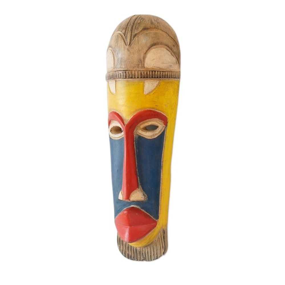 Handcrafted Blue, Red and Yellow African Sese Wood Mask 'Sankori'