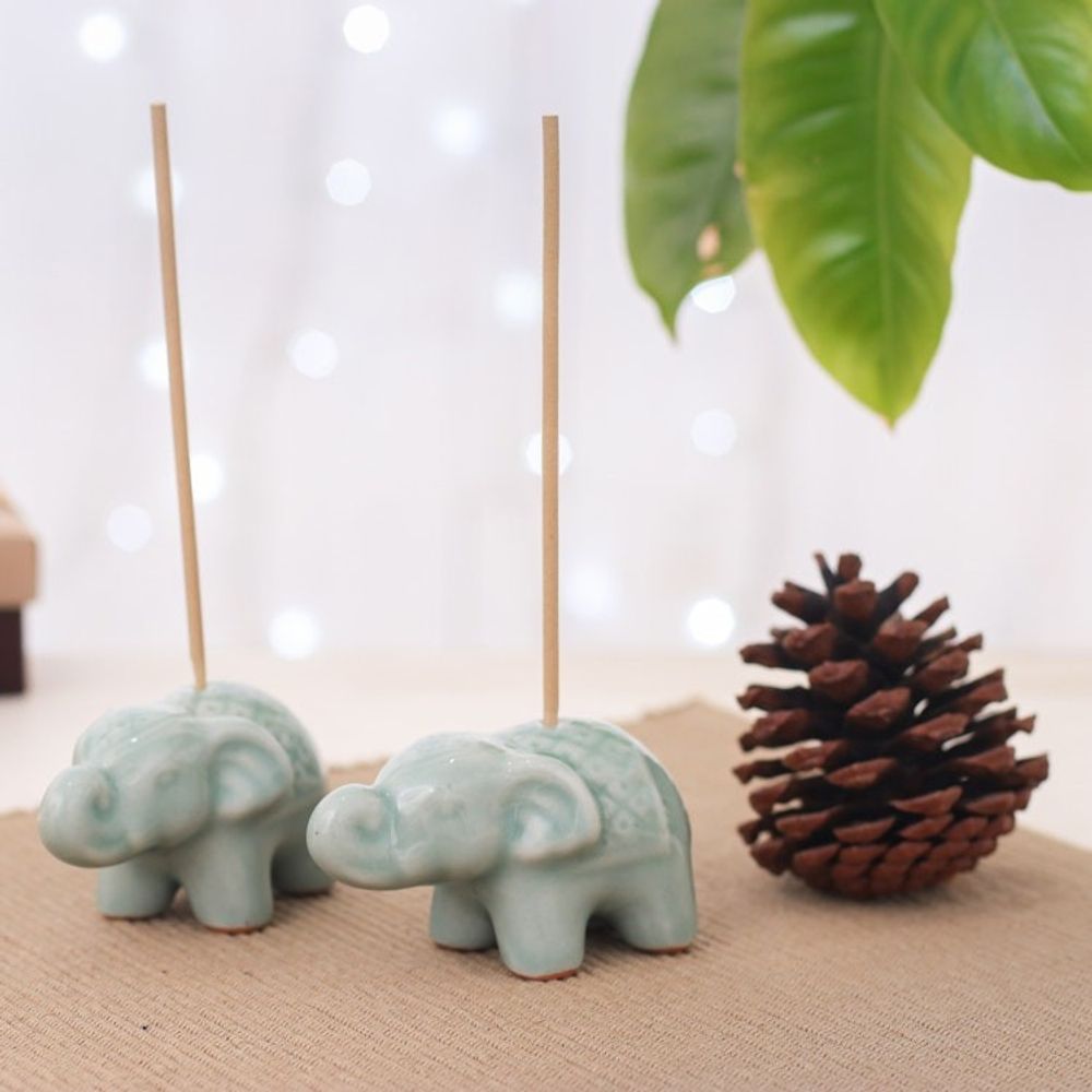 Set of 2 Green Elephant Celadon Ceramic Incense Holders 'Giant's Green Aura'