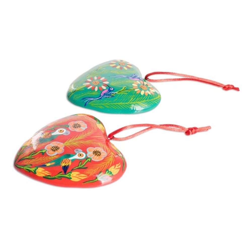Set of 6 Hand-Painted Ceramic Ornaments with Cotton Bag 'Hearts of Nature'