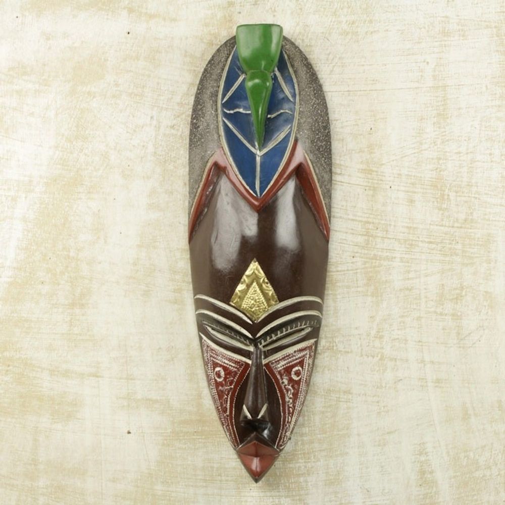 Hand Carved African Brass Aluminum Sese Wood Mask from Ghana 'Adi Pa'