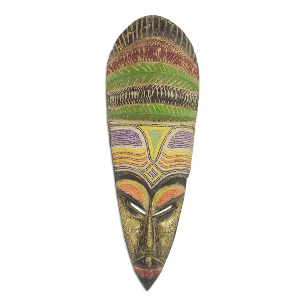 African Sese Wood Mask with Intricate Multicolor Beading 'Beaded Mother'