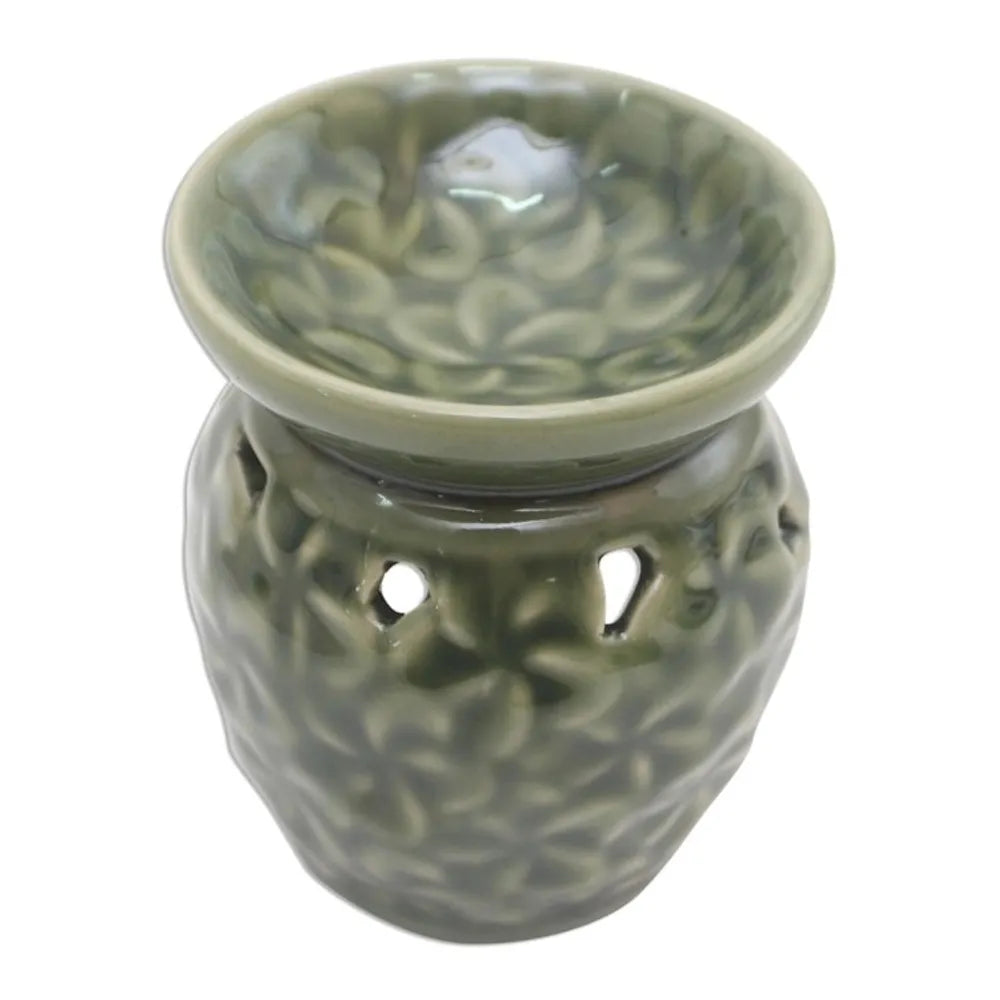 Frangipani Motif Green Ceramic Oil Warmer 'Jepun Flowers'