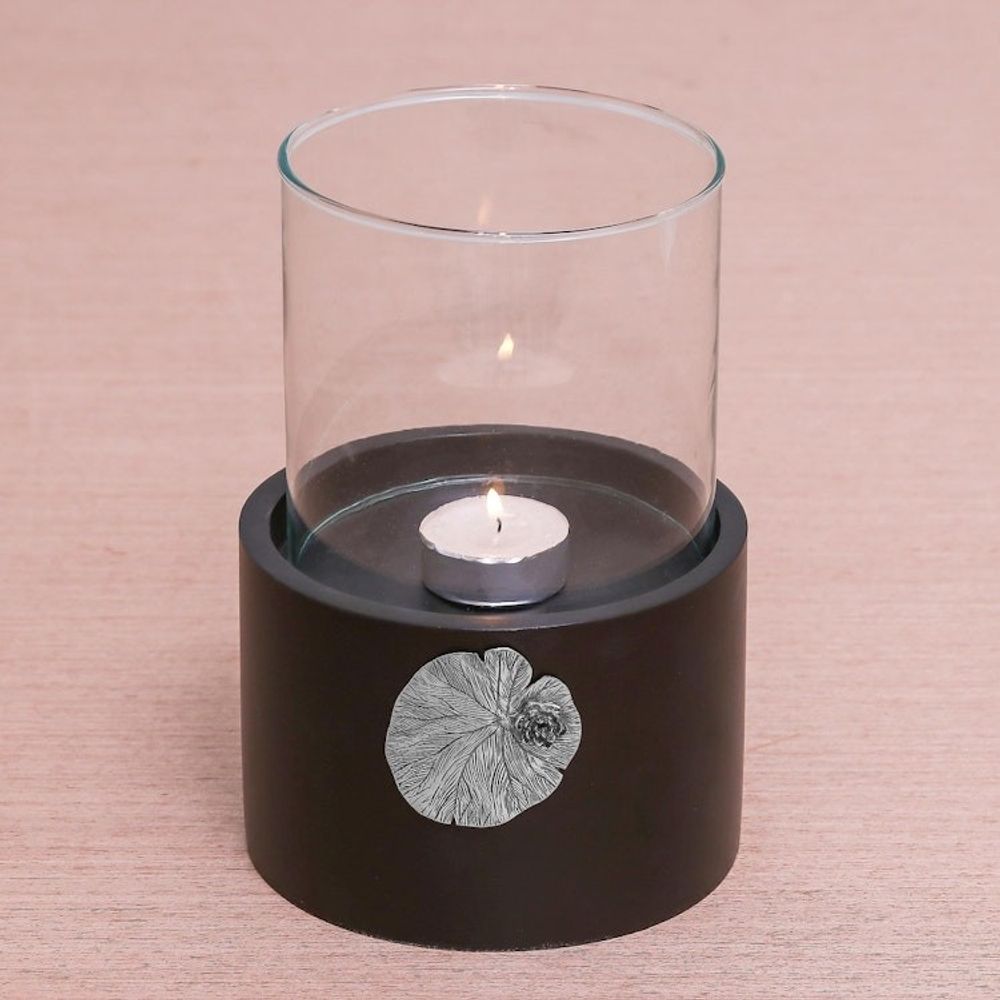 Lotus Motif Wood and Pewter Tealight Holder 'Elegant Lotus'