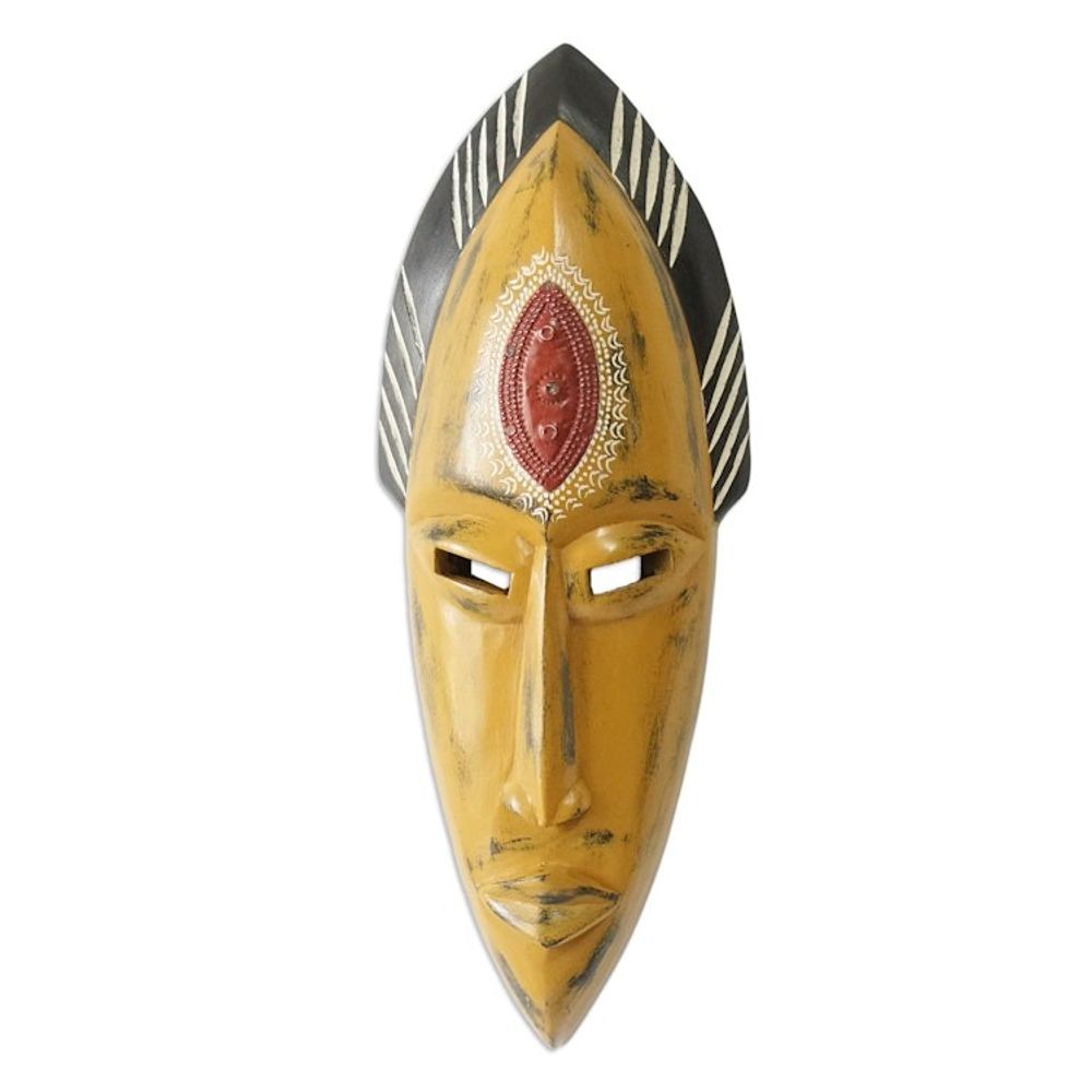 Handcrafted Yellow Sese Wood Mask with Aluminum Accents 'Yellow Beauty'