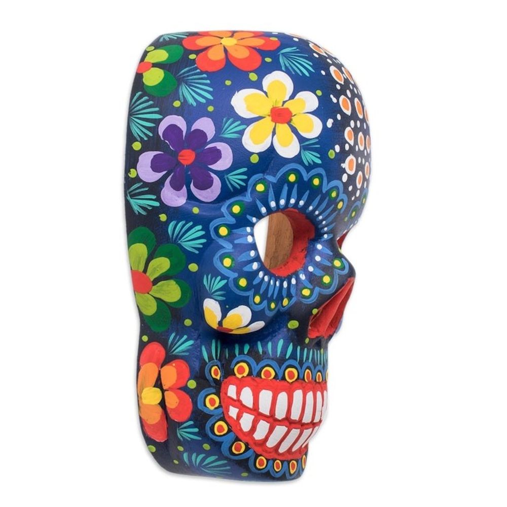 Hand-Painted Blue Floral Wood Skull Mask from Guatemala 'Life and Happiness'