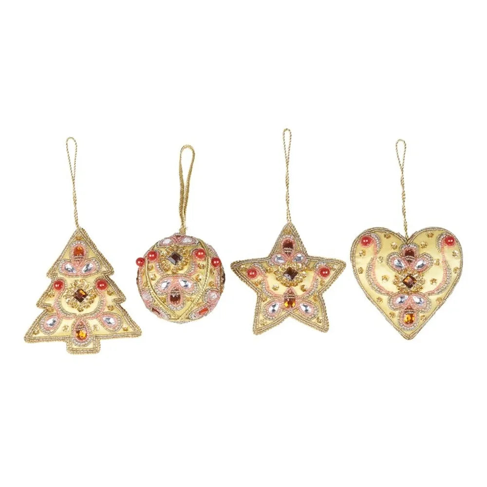 Red and Gold Embellished Satin Ornaments Set of 4 'Lavish Holiday'