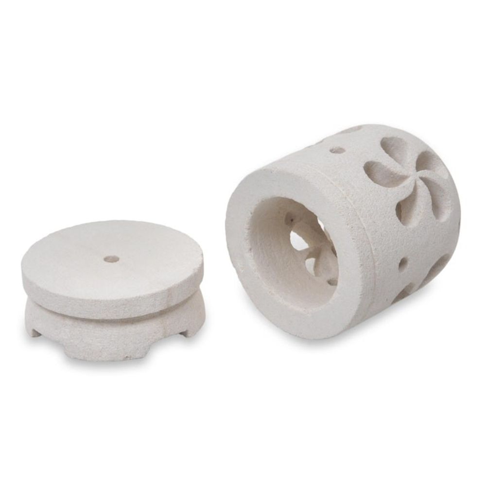 Balinese Carved Floral Limestone Tealight Holder Sculpture 'Jasmine Glow'