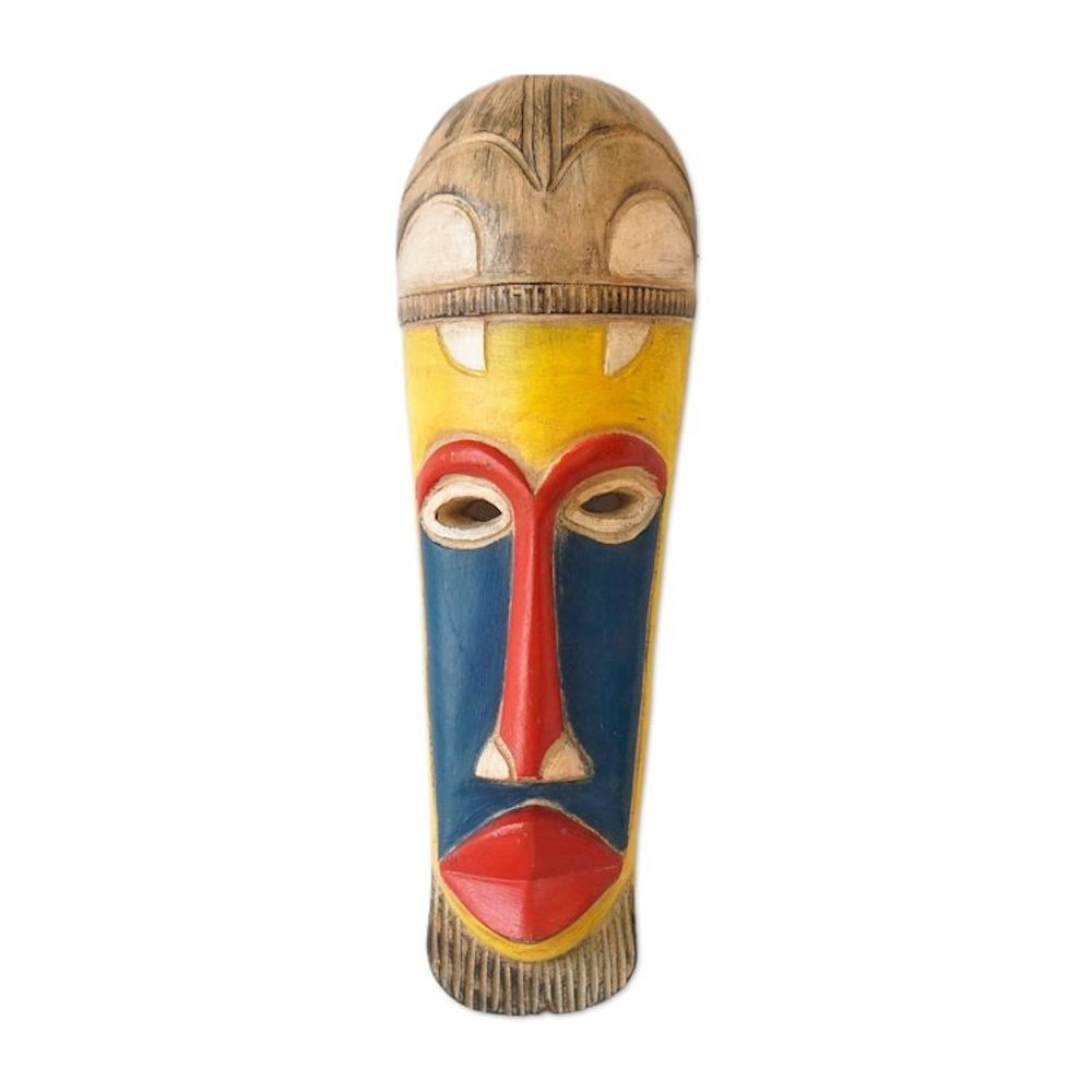 Handcrafted Blue, Red and Yellow African Sese Wood Mask 'Sankori'