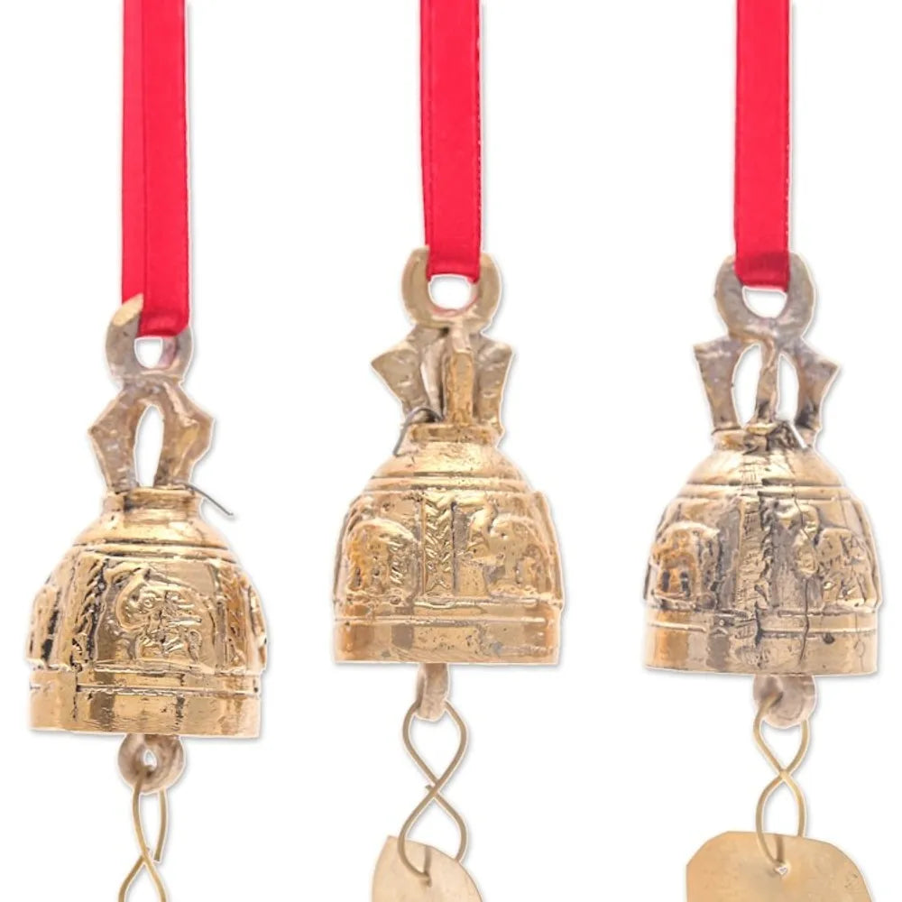 Set of 3 Brass Bell Ornaments with Elephants and Red Ribbons 'Elephant Chant'