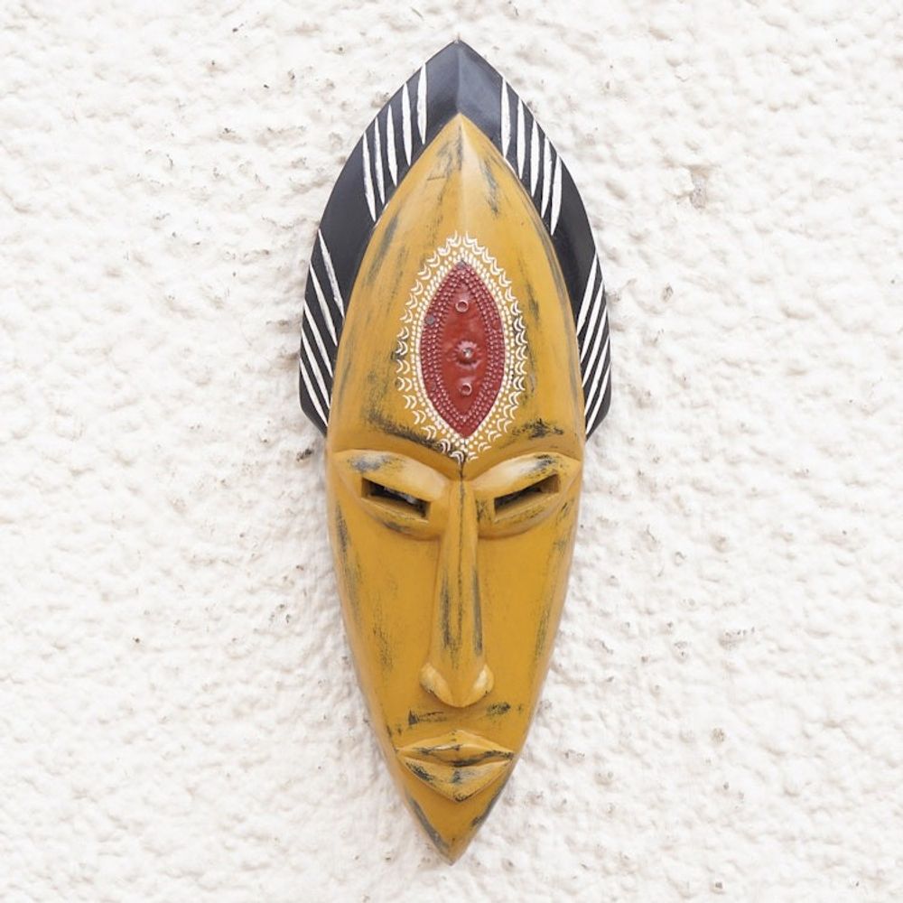 Handcrafted Yellow Sese Wood Mask with Aluminum Accents 'Yellow Beauty'