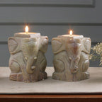 Natural Soapstone Hand Carved Candle Holders Pair 'Baby Elephants'
