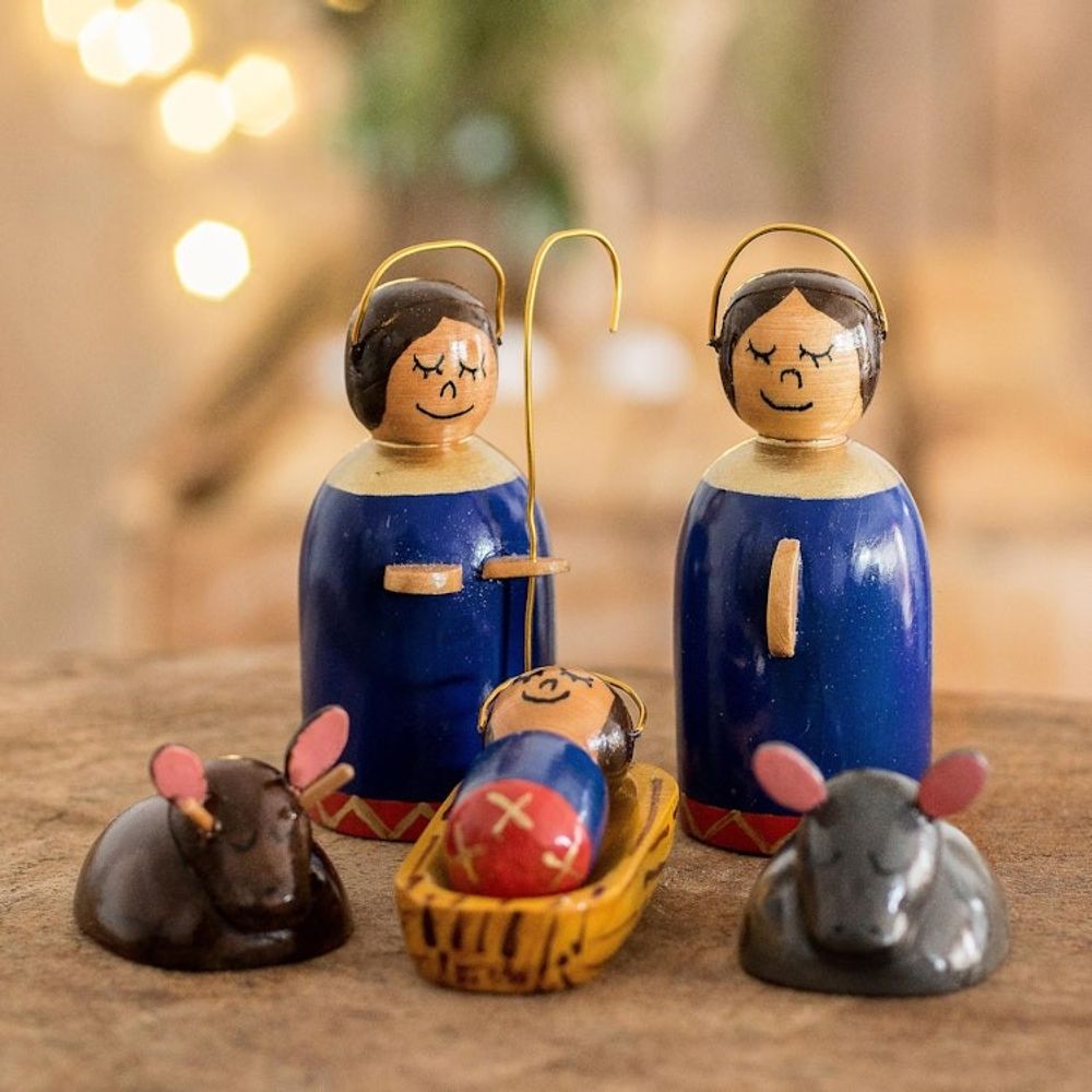 6 Piece Artisan Crafted Wood Nativity Scene in Royal Blue 'Holy Family in Royal Blue'