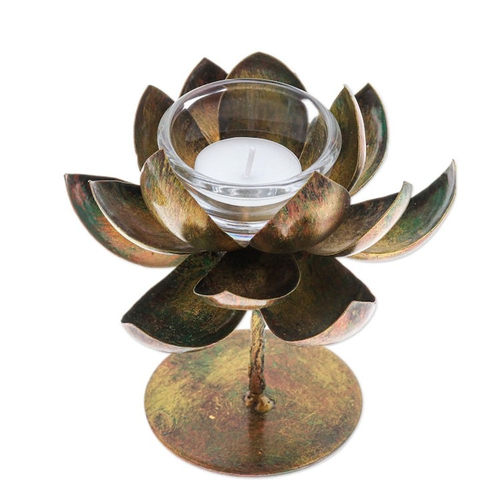 Handmade Lotus-Shaped Antique Golden Steel Tealight Holder 'Antique Lotus Benison'